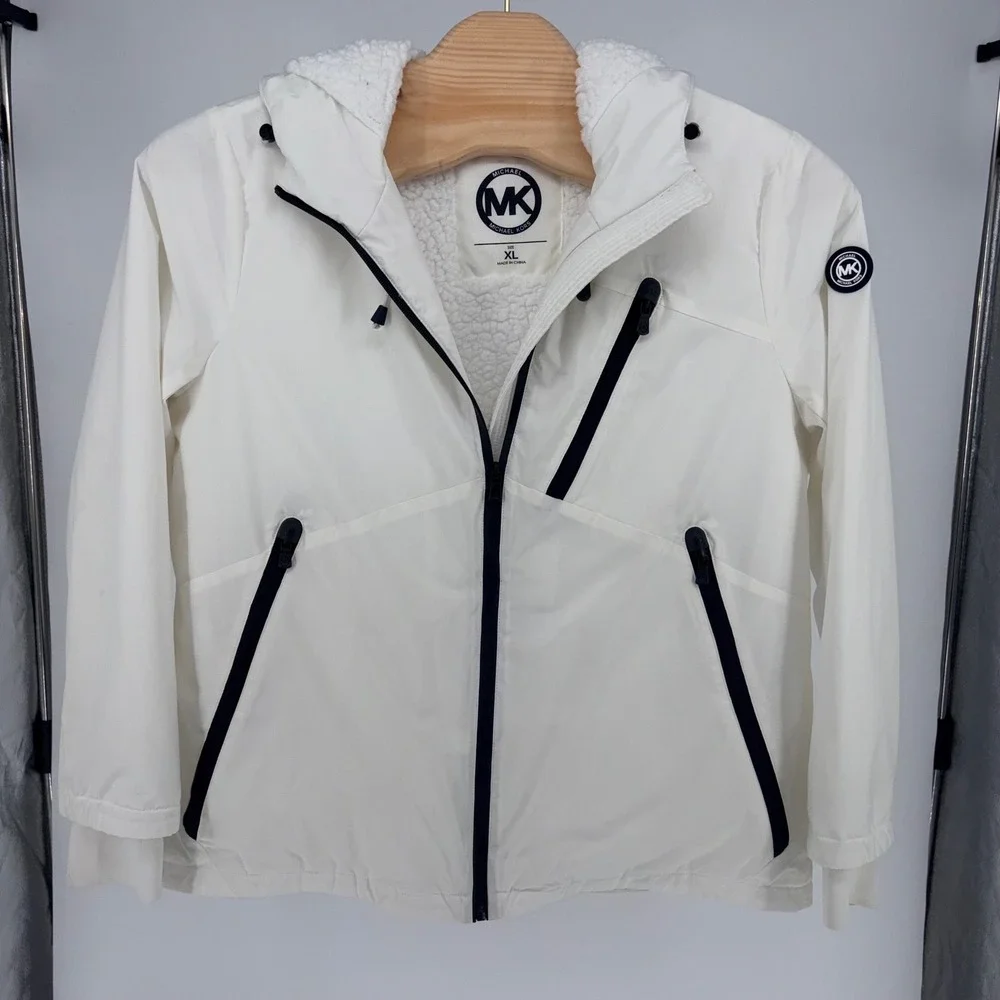 Michael Kors Hooded Windbreaker XL White Sherpa Lined Full Zip Thumbhole Jacket